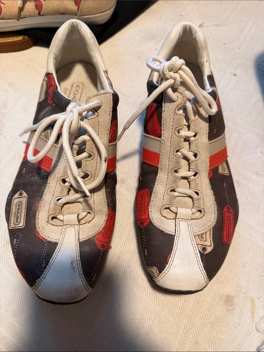 Coach Low-Top Lace-Up Sneakers in Brown, Red & White